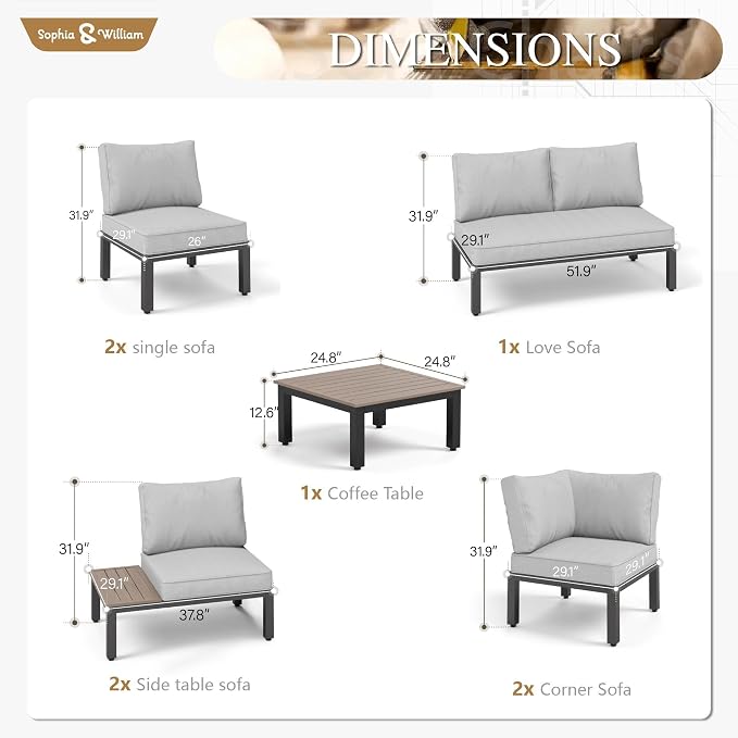Sophia & William Outdoor Sectional Sofa, 9 Piece Metal Patio Furniture Set - Image 6