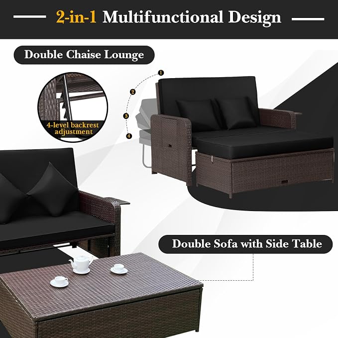Nightcore Wicker Patio Outdoor Daybed, Outdoor Chaise Lounger w/ 4-Level - Image 4