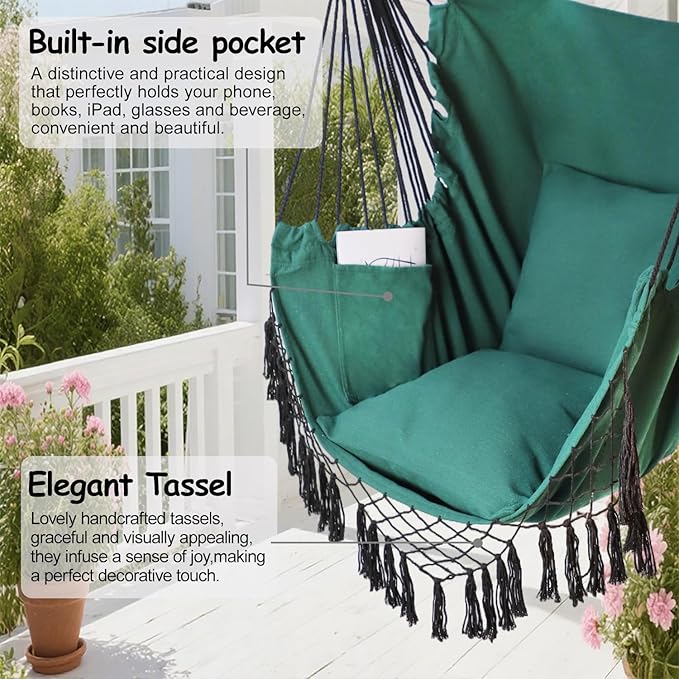 Hammock Chair Hanging Rope Swing Chair, Max 450 Lbs, Large Hanging Chair - Image 2