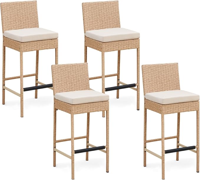 ECOTOUGE Rattan Bar Stools Set of 4, Wicker Woven Patio Stools & Patio Bar by ECOTOUGE