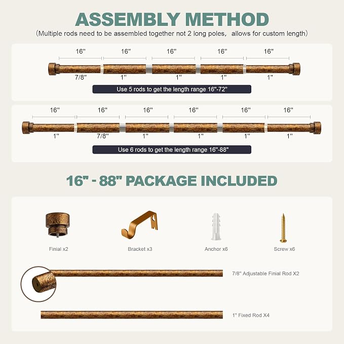 Retro Gold Curtain Rods for Windows 48 to 84 Inches Adjustable Length Heavy - Image 9
