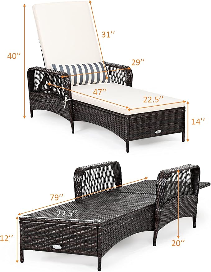 Tangkula Wicker Chaise Lounge Outdoor Set of 2, Patio Rattan Reclining Chaise - Image 3