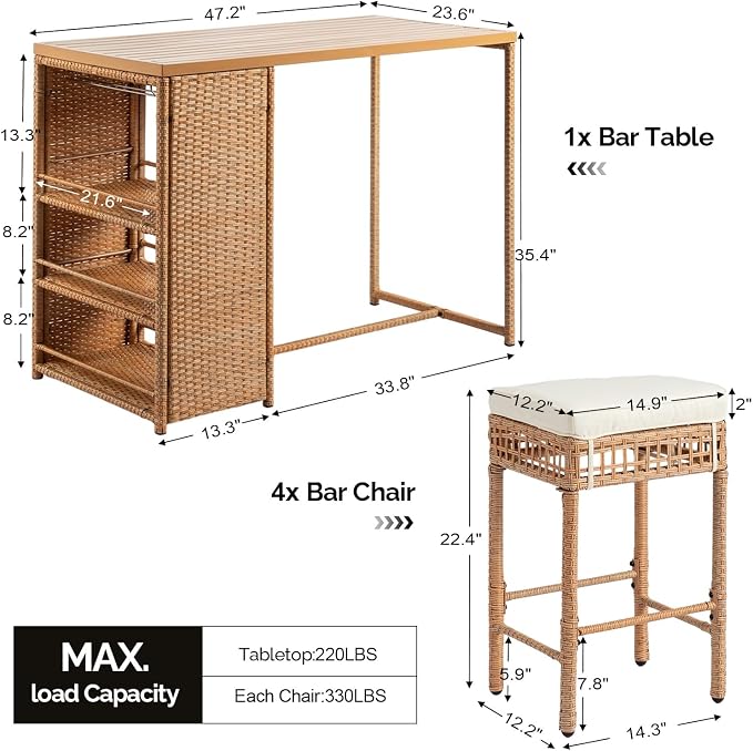 Outvita 5-Piece Outdoor Bar Set, Wicker Rattan Bar Height Patio Set w/4 Cushion - Image 5