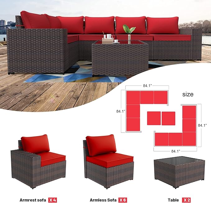 Kullavik Outdoor Patio Furniture Set 12 Pieces Sectional Rattan Sofa Set Brown - Image 6
