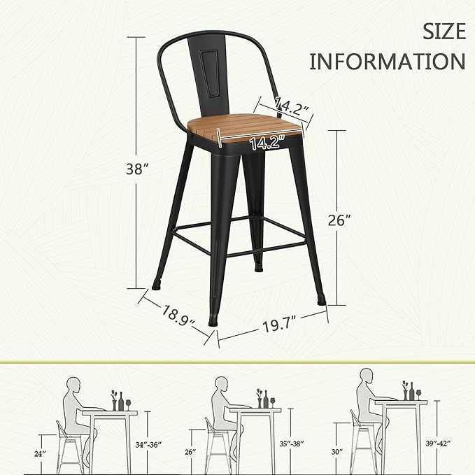 Outdoor Metal Bar Stools Set of 4, 26 inch Barstools Counter Height Bar Stool - Image 3