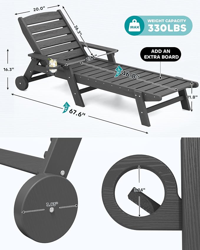 SERWALL Patio Chaise Lounge Chair Set of 6, 5 Positions Adjustable Poly Outdoor - Image 2
