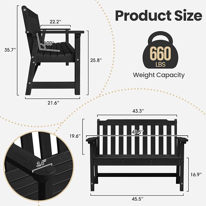 Ciokea 49" Heavy Duty Outdoor Bench Set of 2, HDPE Weatherproof Garden Bench - Image 2