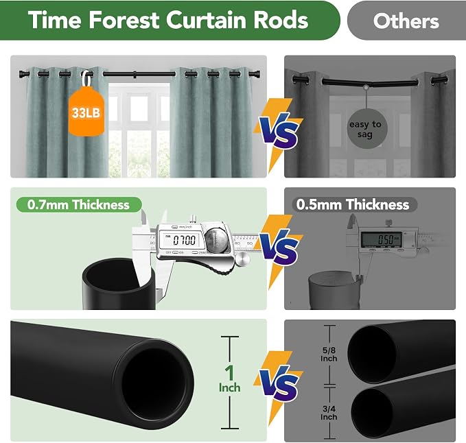 2 Pack Curtain Rods for Windows 72 to 144, 1 Inch Adjustable Black Heavy Duty - Image 8