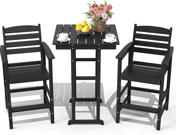 3-Piece Adirondack Bar Table and Chair Set, HDPE All-Weather Bar Height Chairs by NAVINE
