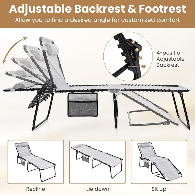 GYMAX Lounge Chairs for Outside, Extra High Folding Beach Tanning Lounger - Image 4