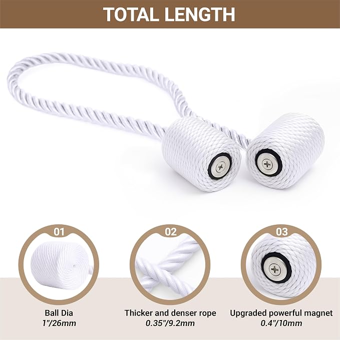 Hion Magnetic Curtain Tiebacks White 2pcs, Curtain Tiebacks Buckles Holdbacks - Image 2