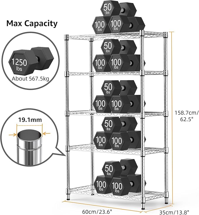 1250 lbs Steel Heavy Duty 5-Tier Utility Shelving Unit Steel Organizer Wire Rack - Image 3