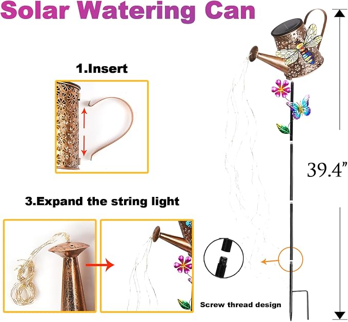 Solar Watering Can with Lights Outdoor Garden, 41in Large Bee Garden Stake - Image 7