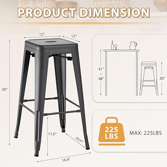 Furmax 30 Inch Metal Bar Stools Set of 4, Counter Height Backless Stools - Image 3