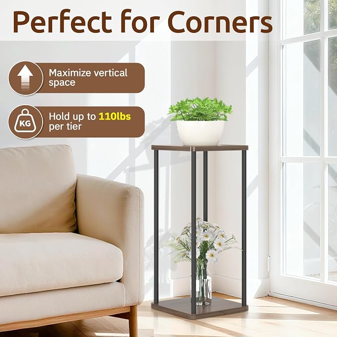 2 Tier Plant Stand Indoor, 28In Tall Corner Vertical Wood Metal Square Shelf - Image 5