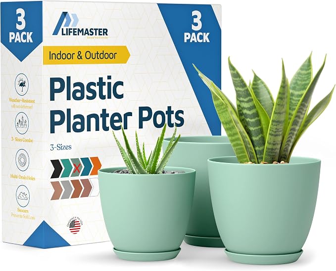 Mint Plant Pots with Drainage Holes & Saucers 3 Pack, Indoor & Outdoor by LIFEMASTER