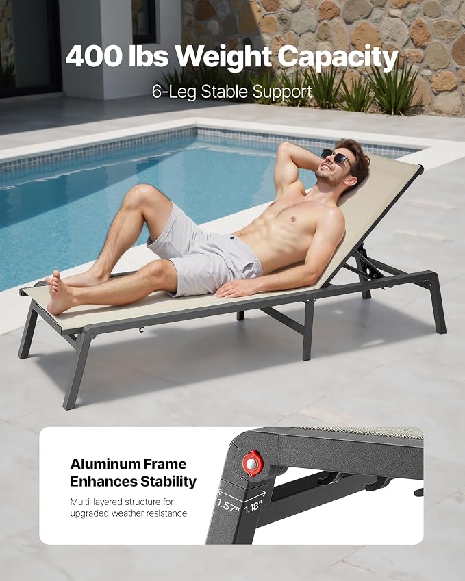 VEVOR Outdoor Chaise Lounge Chair Set of 2, 400 lbs Weight Capacity, Foldable - Image 4
