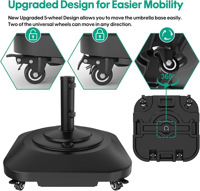 Umbrella Base with 5 Wheels, Upgraded 145lb Umbrella Stand Base, Heavy Duty & - Image 2