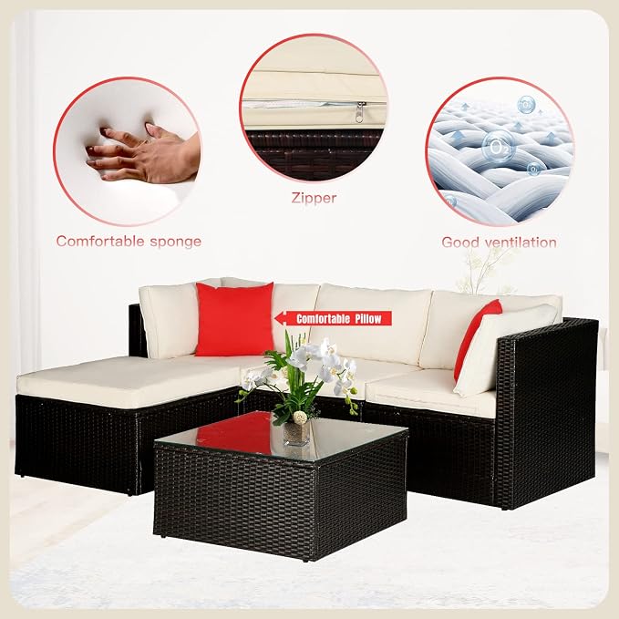 5 Pieces Patio Furniture Sets Outdoor Furniture Patio Sofa Wicker Sectional - Image 4