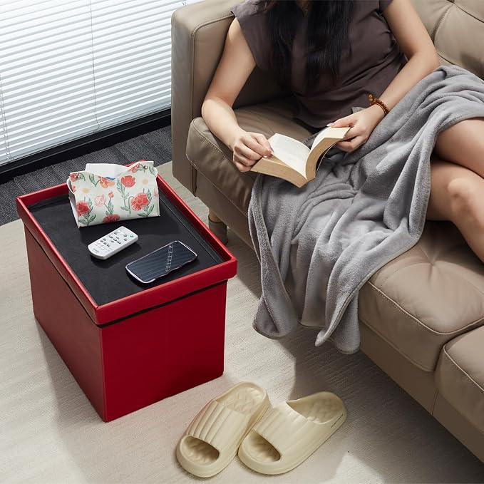 AmasSmile Storage Ottoman Folding Foot Rest Stool, Leather Footstool Bench - Image 2