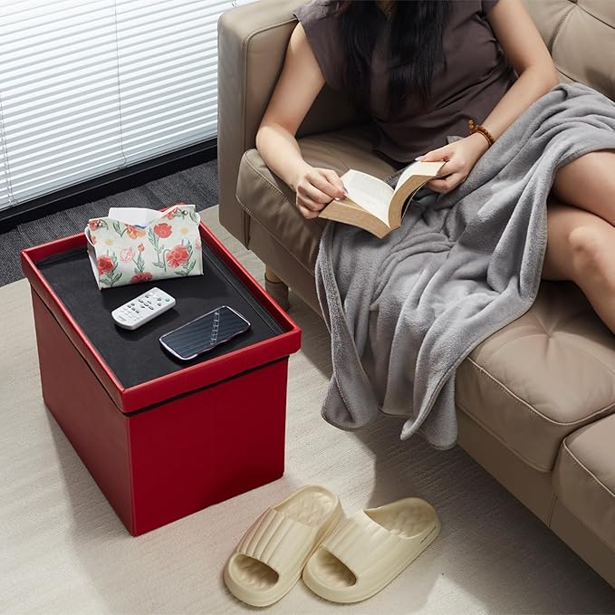 AmasSmile Red Storage Ottoman Folding Foot Rest Stool - Image 2