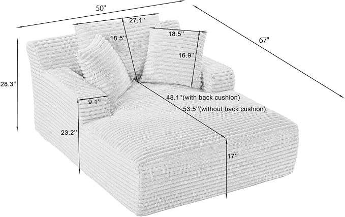 50 Inch Oversized Chaise Lounge Chair Indoor, Corduroy Upholstered Boneless - Image 2