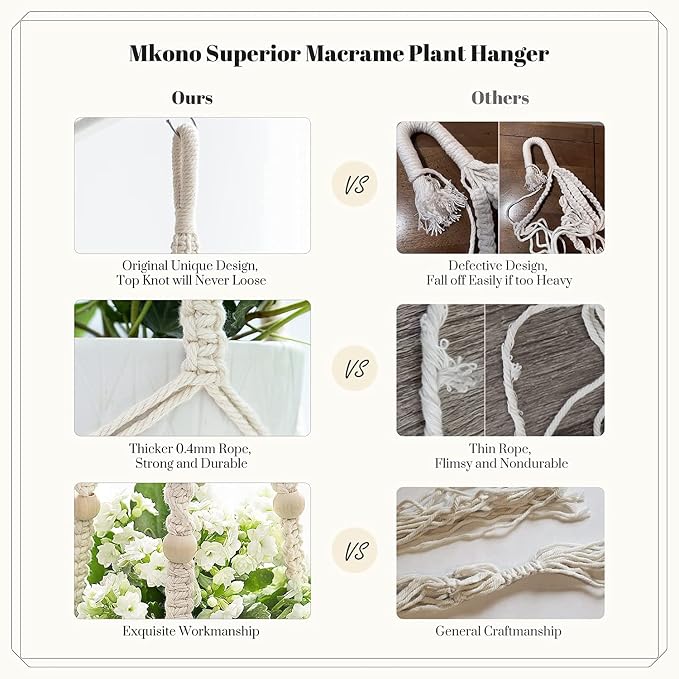 Mkono Macrame Plant Hangers Set of 4 Indoor Hanging Planter Basket Wall - Image 4