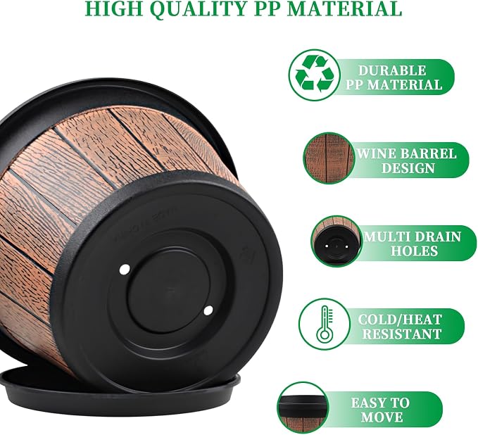Quarut Large 4 Pack 14 inch Plant Pots, Whiskey Barrel Planters - Image 5