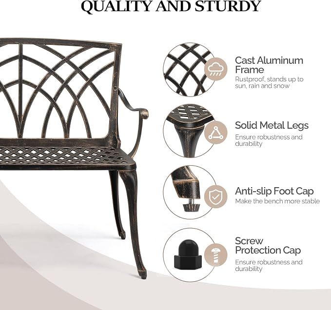 VINGLI 38" Outdoor Metal Bench, Cast Aluminium Garden Bench, Weatherproof - Image 4