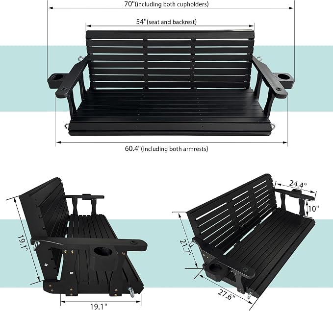 Wooden Porch Swing 3-Seater, High Backrest and Deep Seat, Bench Swing - Image 6