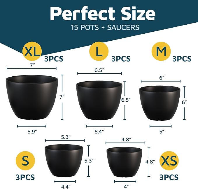 Black Plant Pots with Drainage Holes & Saucers 15 Pack, Indoor & Outdoor - Image 2