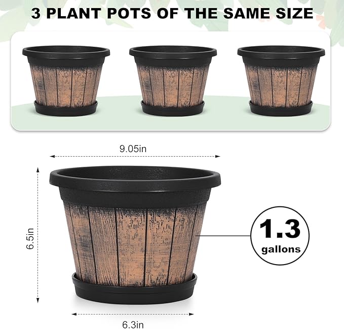 Quarut Plant Pots Set of 3 Pack 9 inch, Whiskey Barrel Planters - Image 2