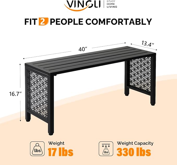 VINGLI 40in Outdoor Metal Bench, All-Weathe Backless Patio Bench - Image 3