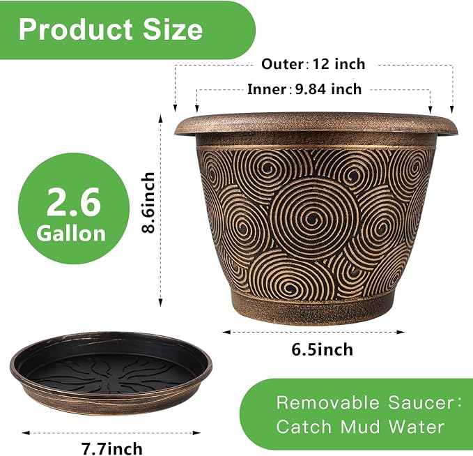 12 Inch Large Planter Pot for Plants Indoor Outdoor, 4 Pack Plastic Flower Pots - Image 4