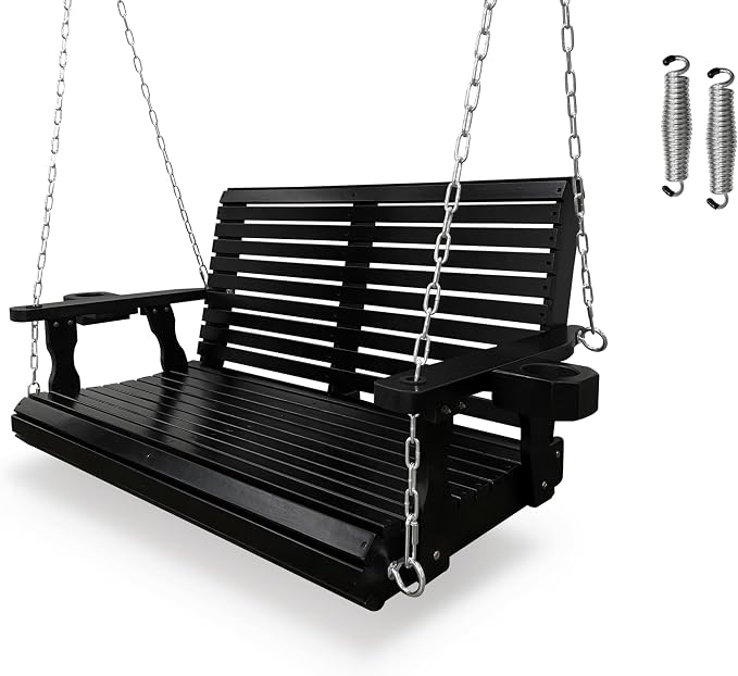 Wooden Porch Swing 2-Seater, High Backrest and Deep Seat, Bench Swing by FortuneCandy