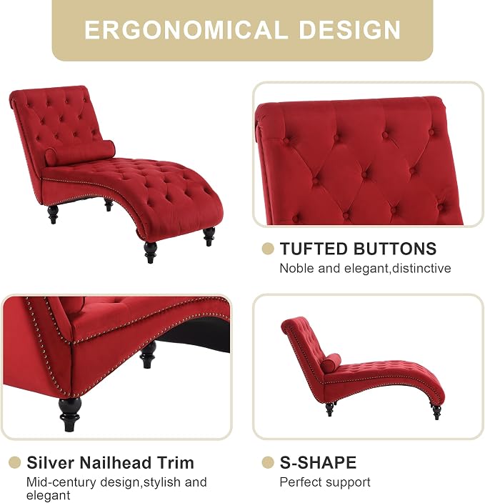 Chaise Lounge Indoor, Velvet Upholstered Lounge Chair Button-Tufted Armless - Image 4
