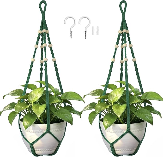 Macrame Plant Hanger, Wood Beads Cotton Hanging Planter Holder by Unknown