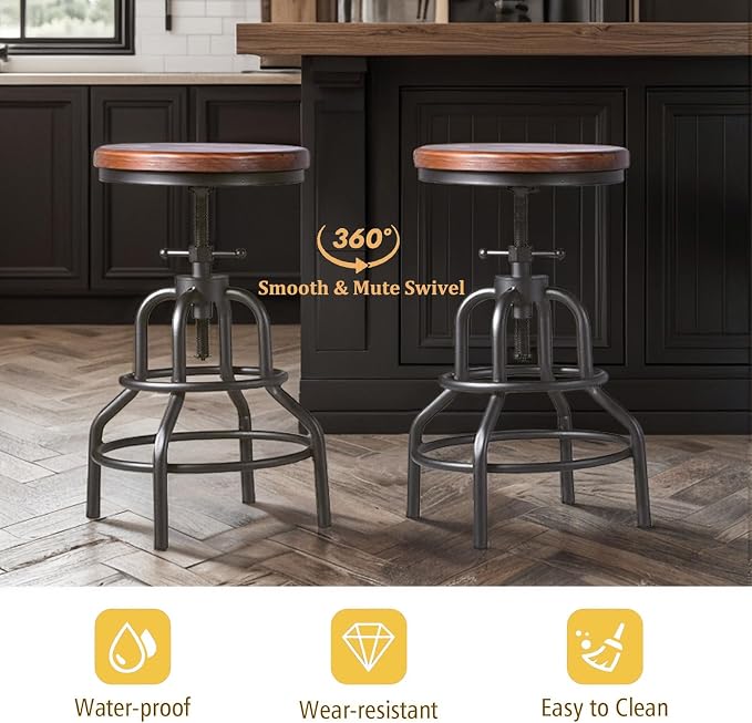 LOKKHAN Vintage Industrial Bar Stool-Rustic Swivel Barstools-Round Wood Metal - Image 4