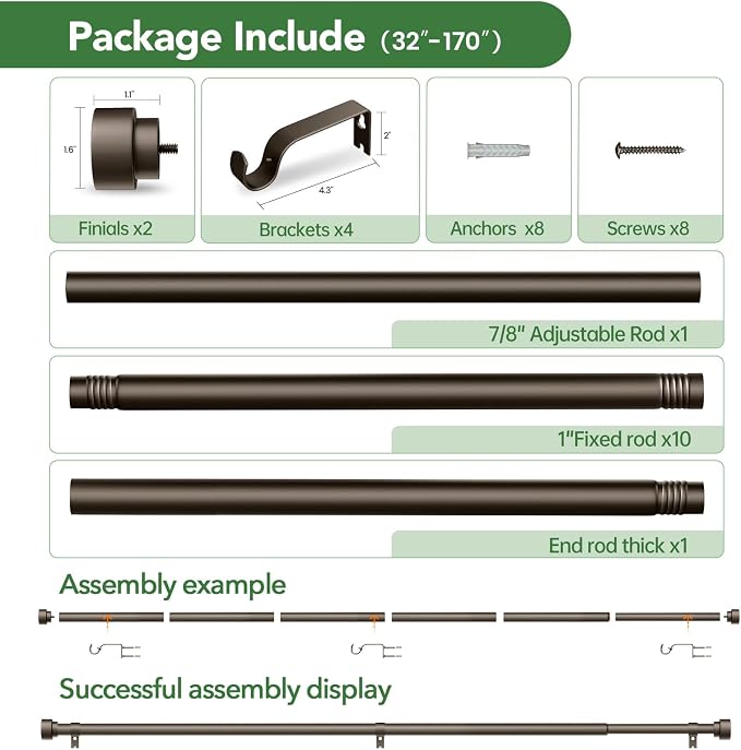 Curtain Rods for Windows 32 to 170, 1 Inch Adjustable Heavy Duty Long Window - Image 6