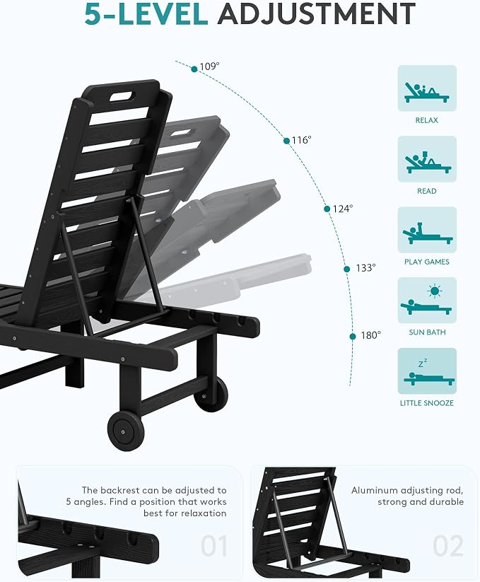 SERWALL Patio Chaise Lounge Chair, HDPE Outdoor Lounge Chair - Image 4