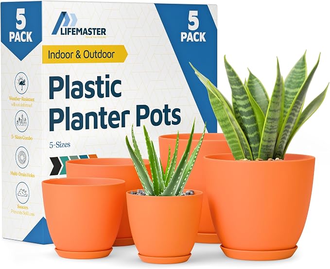 Yellow Plant Pots with Drainage Holes & Saucers 5 Pack, Indoor & Outdoor by LIFEMASTER