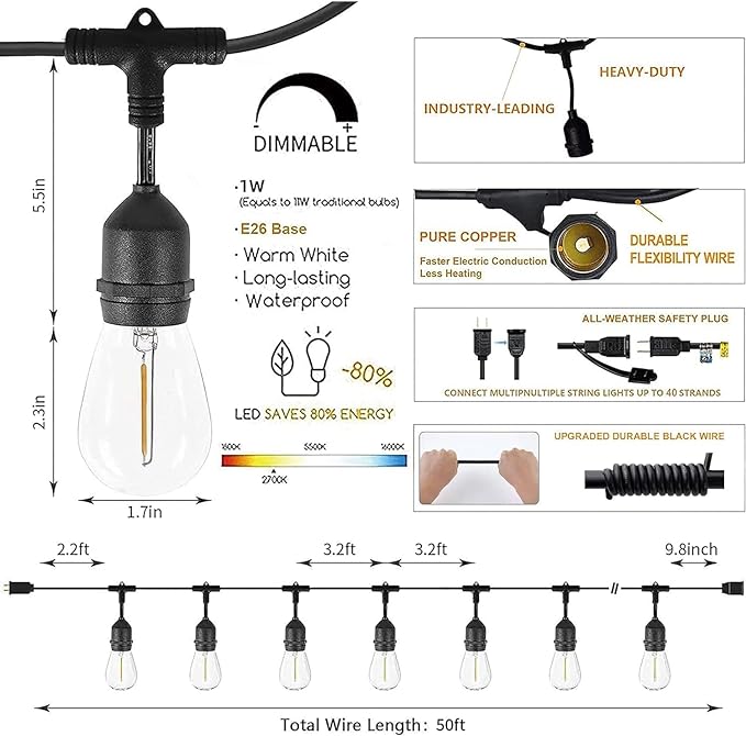 Svater Outdoor String Lights 150FT, E26 Socket, 1 Watt Dimmable 2700K Warm White - Image 7