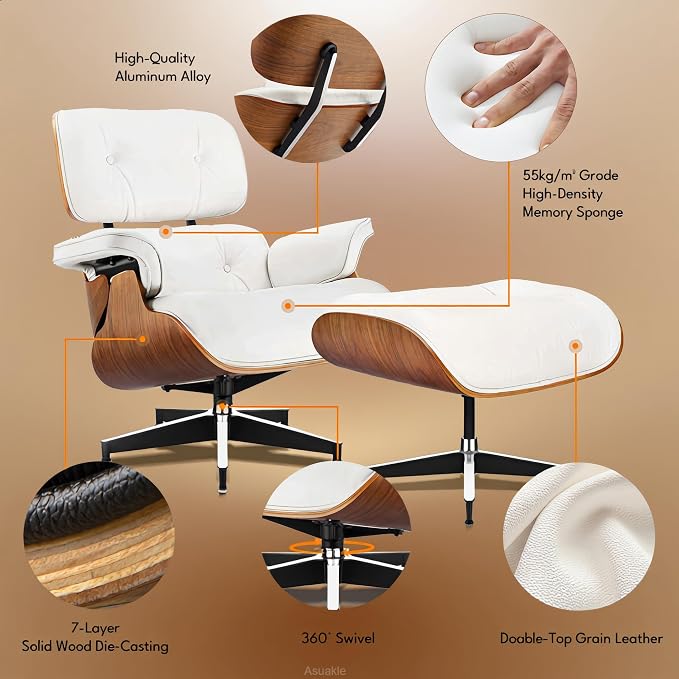 Top Grain Leather, Mid Century Chaise Lounge Chair and Ottoman, Modern Chair - Image 6