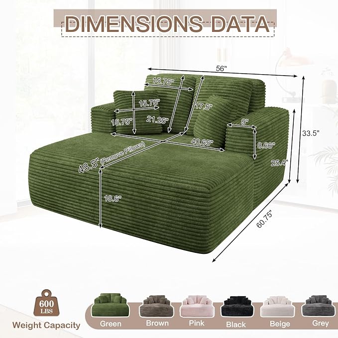 56" Oversized Chaise Lounge Chair Indoor, Plush Corduroy Sleeper Sofa Couch Bed - Image 2