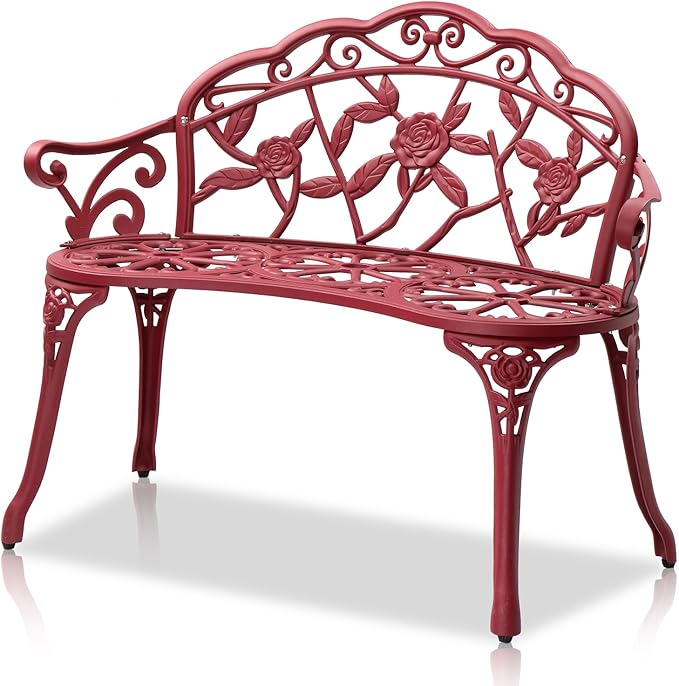 VINGLI 38.5" Patio Park Garden Outdoor Metal Rose Bench, 2-Person Cast Iron by VINGLI