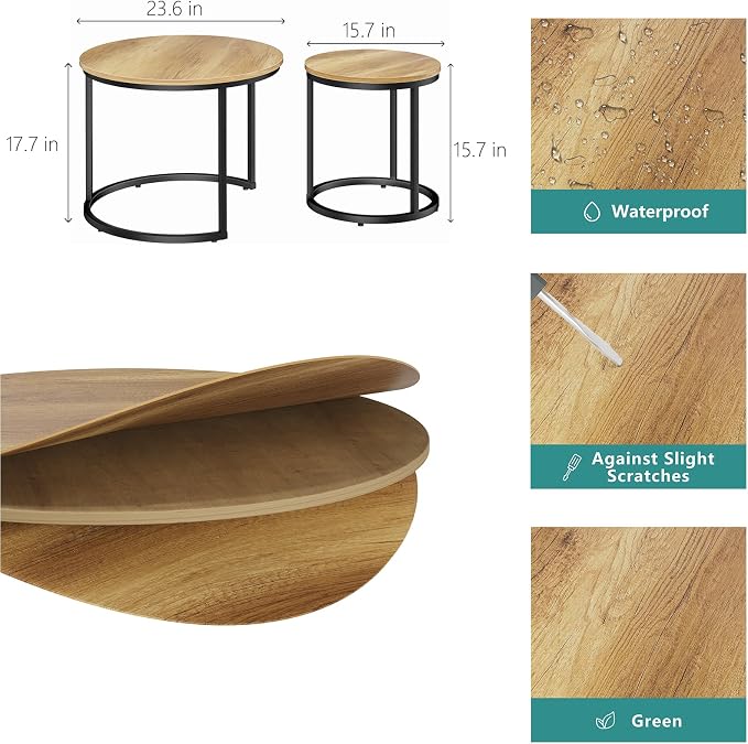 Smuxee Nesting Coffee Table Set of 2, 23.6" Round Coffee Table Brown Wood - Image 2