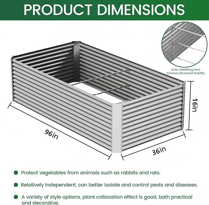 FRIZIONE 2pcs Tall 8x3ft Galvanized Raised Garden Bed Outdoor, Above Ground - Image 3