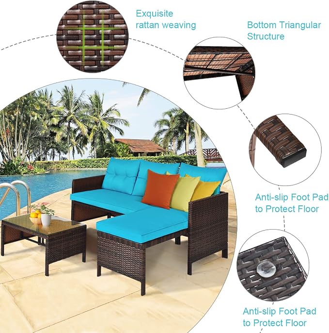 Tangkula Patio Corner Sofa Set 3 Piece, Outdoor Rattan Sofa Set, Includes - Image 7
