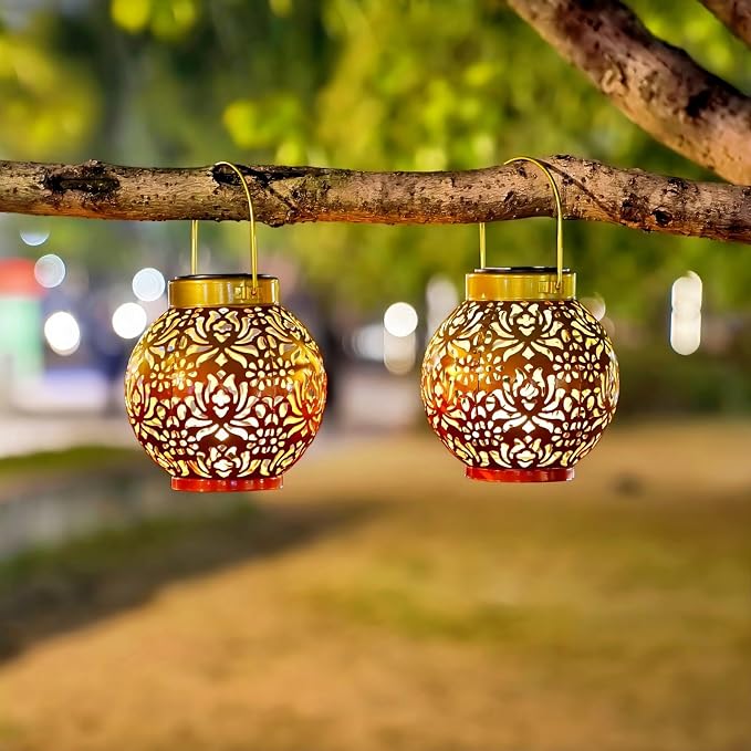 2 Pack Outdoor Solar Hanging Lantern Lights Metal LED Decorative Lamp - Image 5