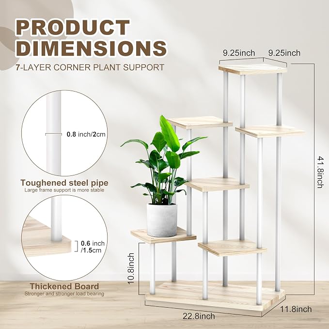 7 Tier Plant Stand Indoor, Thickened Metal Wood Corner Plant Shelf Stands - Image 2